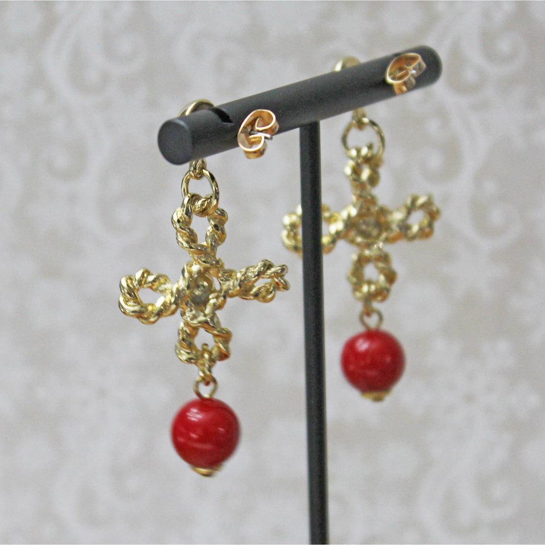 Vintage Chunky Gold Drop Earrings with Red Bead  E98