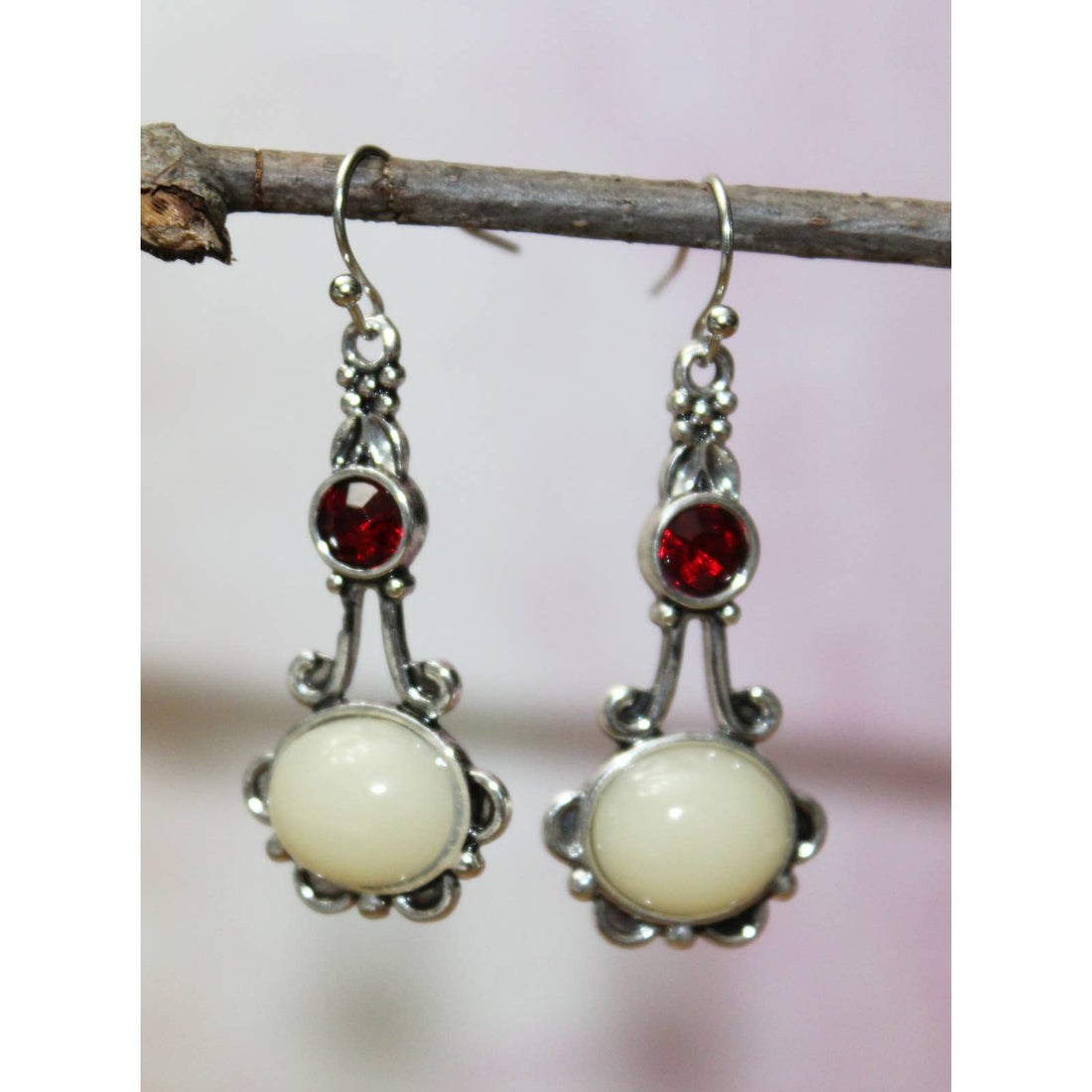 Unique Drop Sterling Silver Earrings with White and Red Cabochons E5