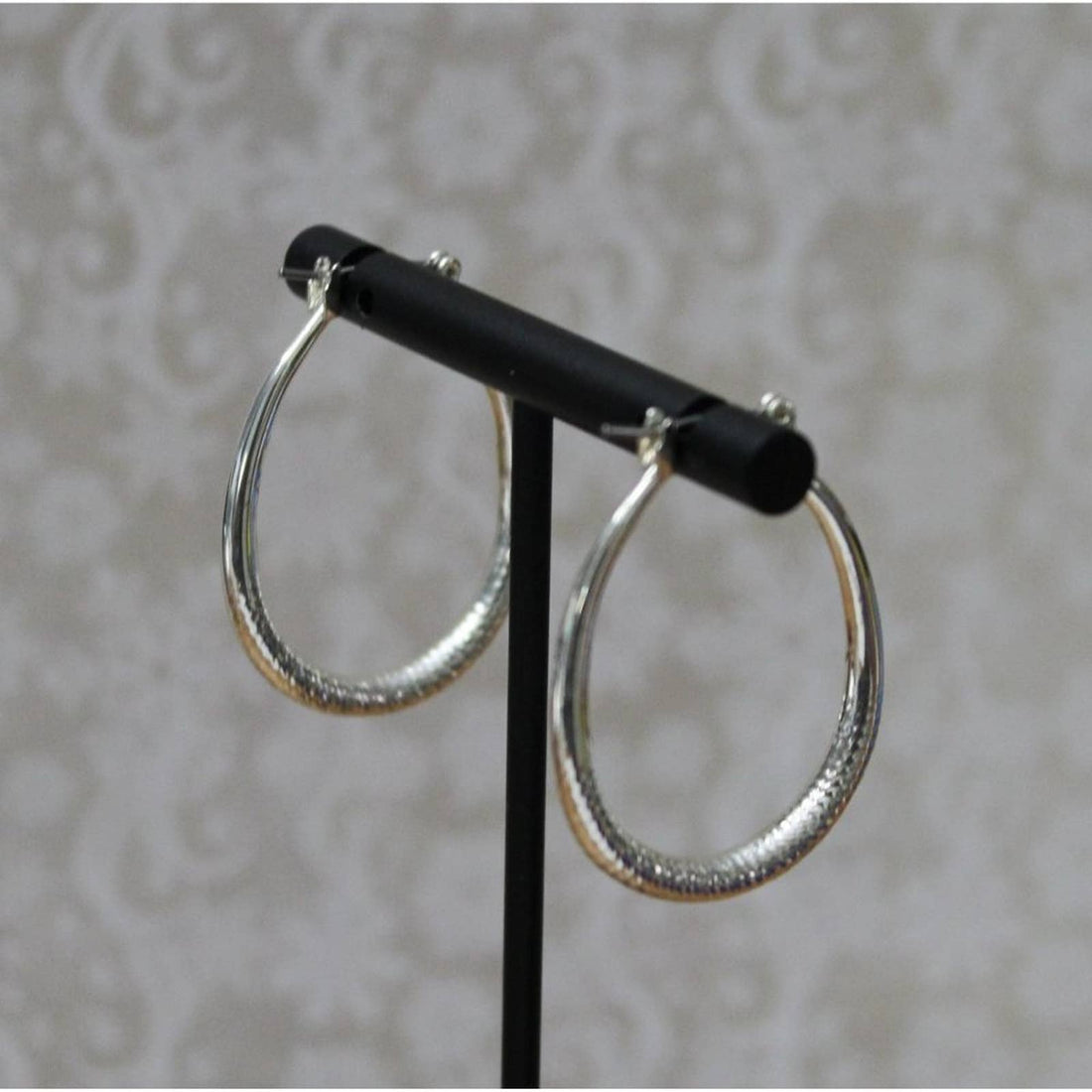 Silver Oblong Hoop Earrings with Slight Texture E99