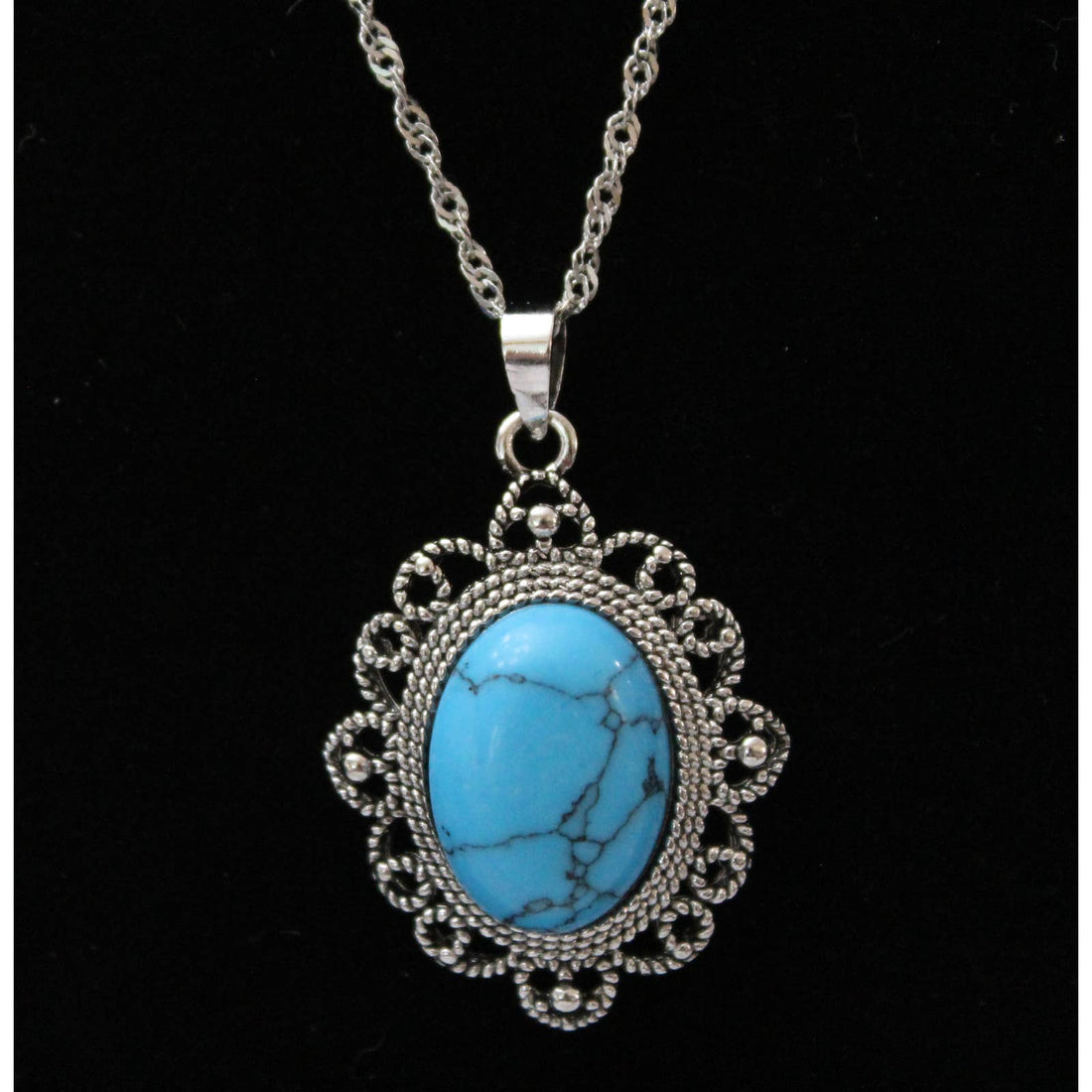 Faux Turquoise Drop Pendant Silver Necklace