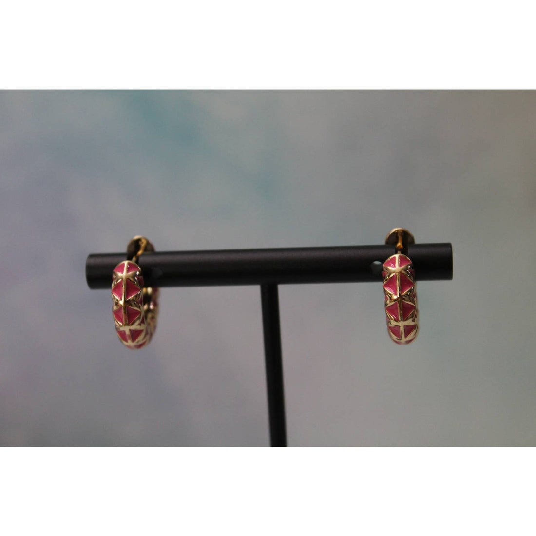 Small Huggie Gold Tone Earrings with Bright Pink Enamel E142