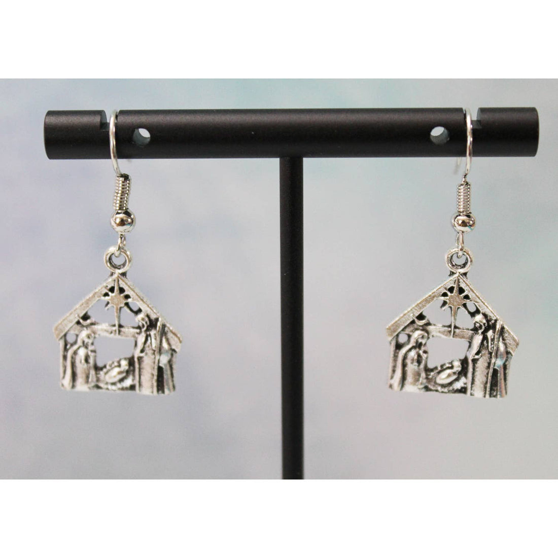 Silver Nativity Scene Dangle Earrings E113