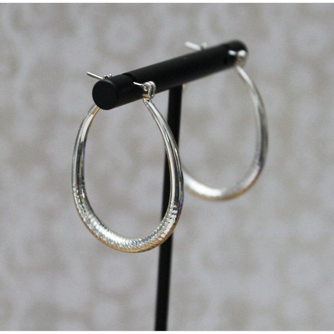 Silver Oblong Hoop Earrings with Slight Texture