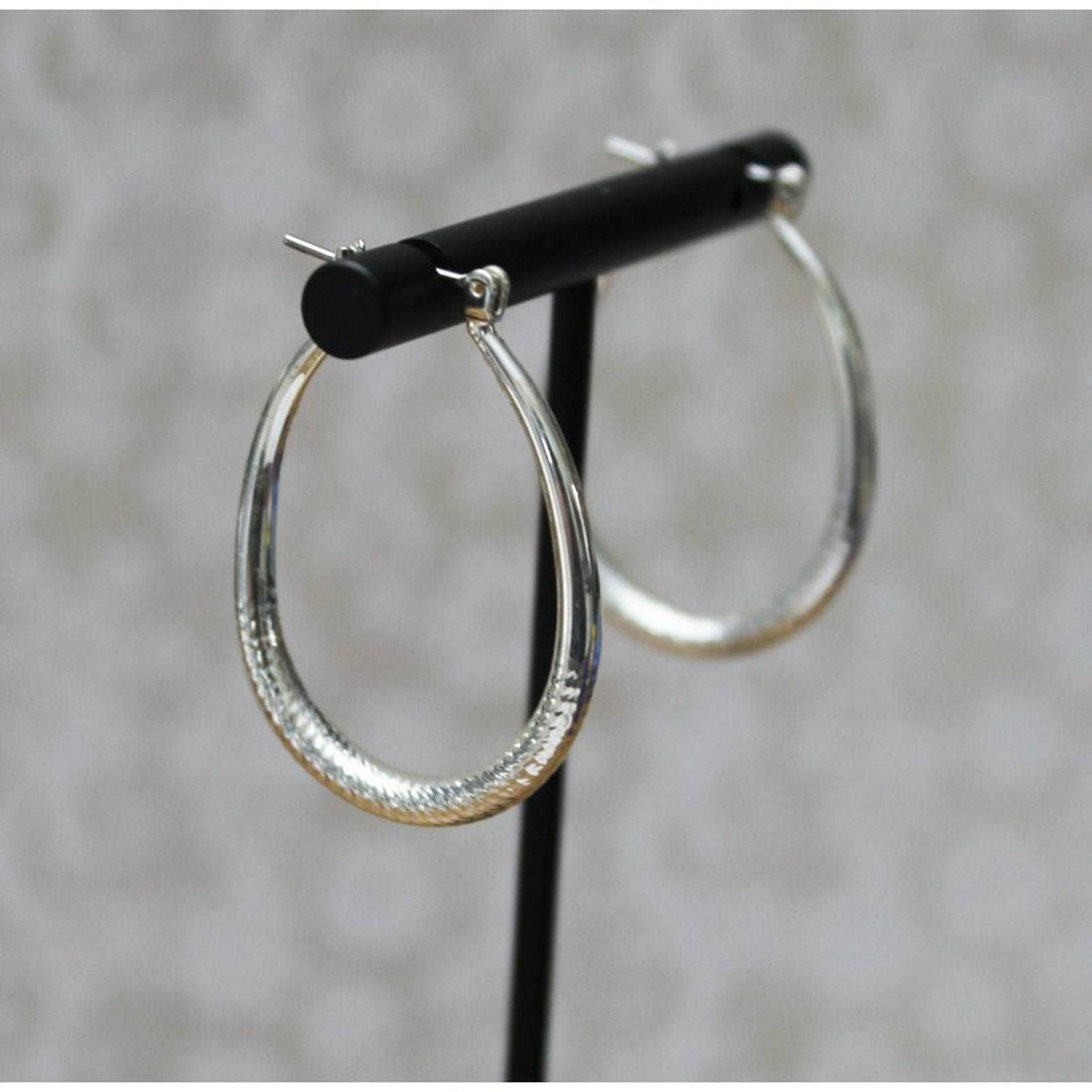 Silver Oblong Hoop Earrings with Slight Texture E99