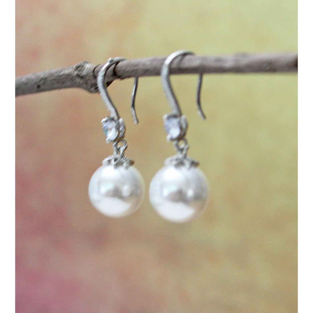 Sterling Silver Drop Dangle Earrings With Faux Pearls and Crystal  E80a