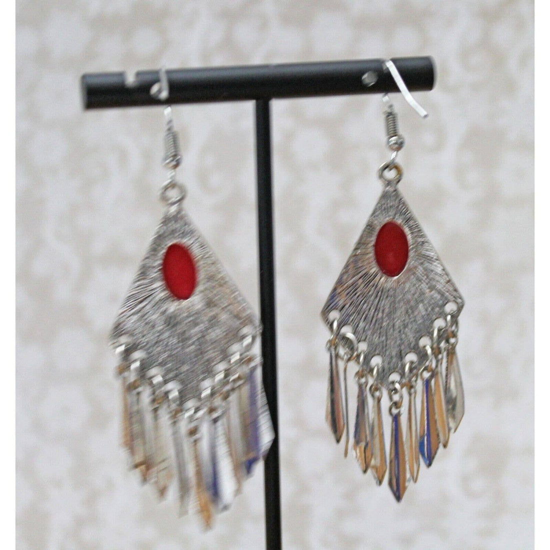 Silver Tone Long Drop Earrings with Red Cabochon