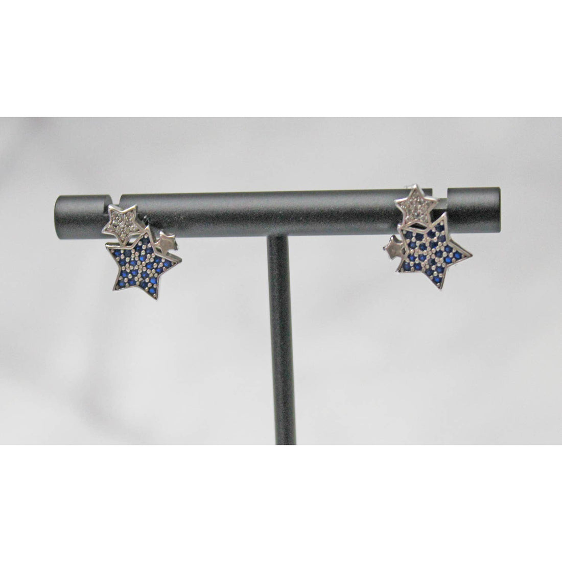 Double Star Sterling Silver 925 Earrings with Pave Rhinestones E60