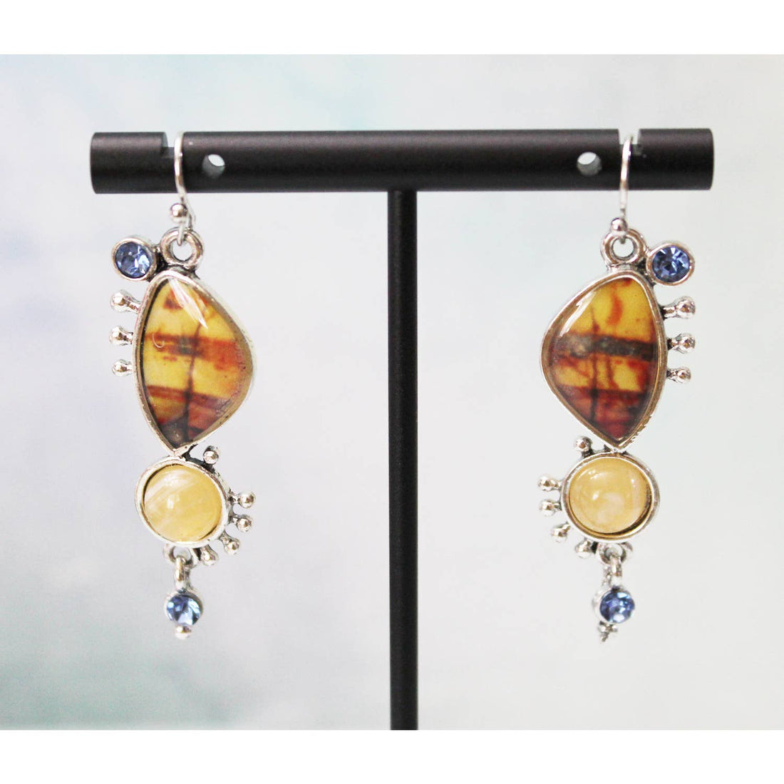 Unique Sterling Silver 925 Earrings with Cabochons, Enamel and Rhinestones E147