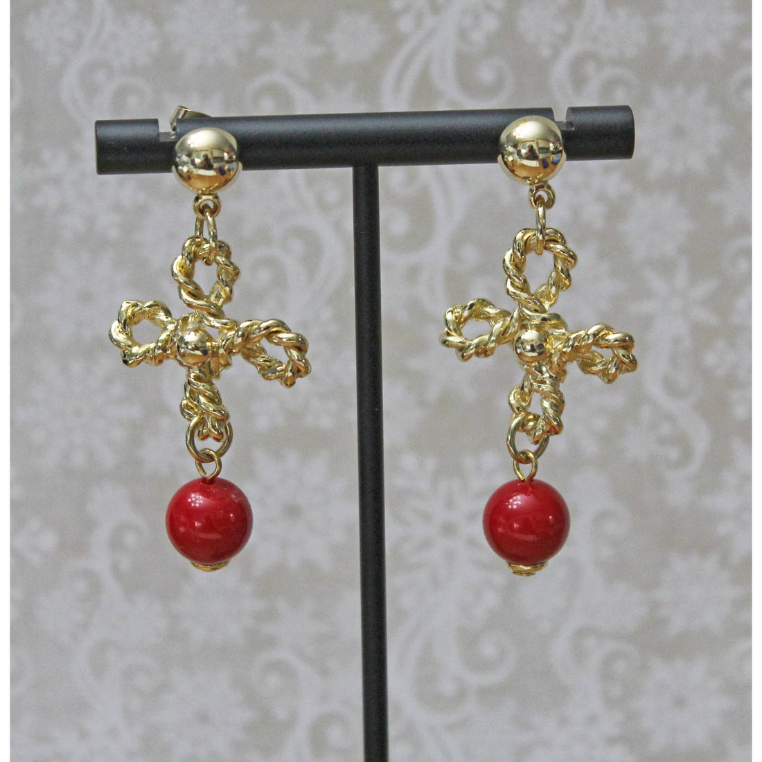 Vintage Chunky Gold Drop Earrings with Red Bead  E98