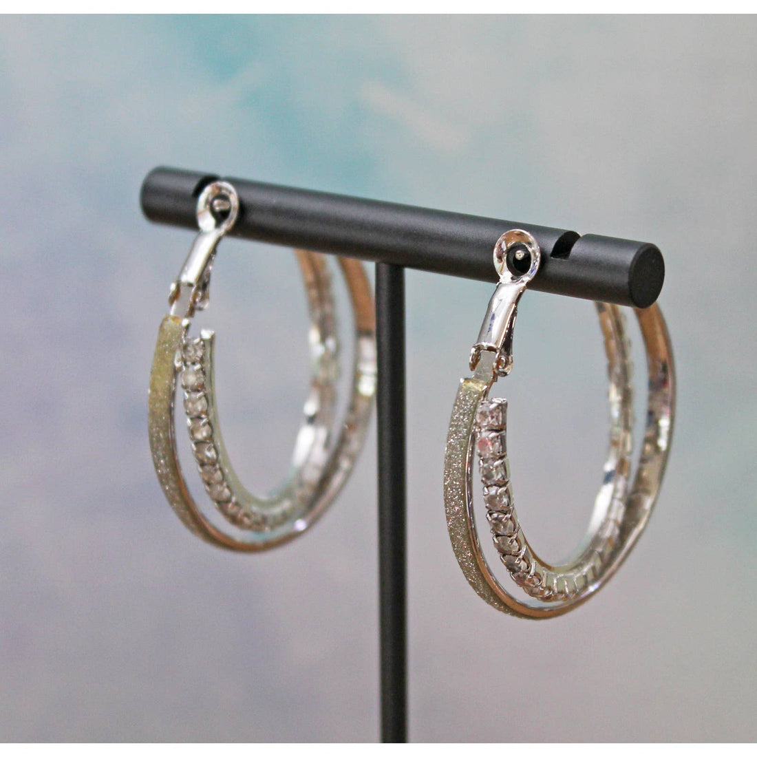 Silver Double Hoop Earrings Lined with Clear Rhinestones Pre Owned E108