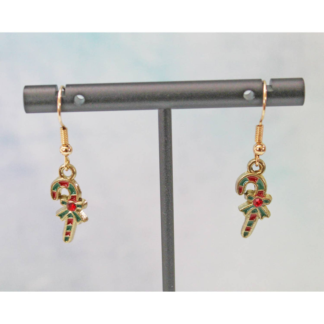 Small Candy Cane Green Red and Gold Earrings E124