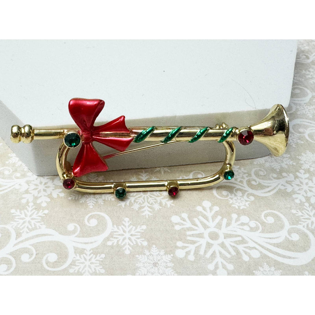 Gold Christmas Decorated Trumpet Pin Brooch