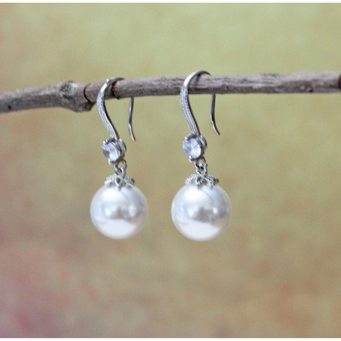 Sterling Silver Drop Dangle Earrings With Faux Pearls and Crystal  E80a