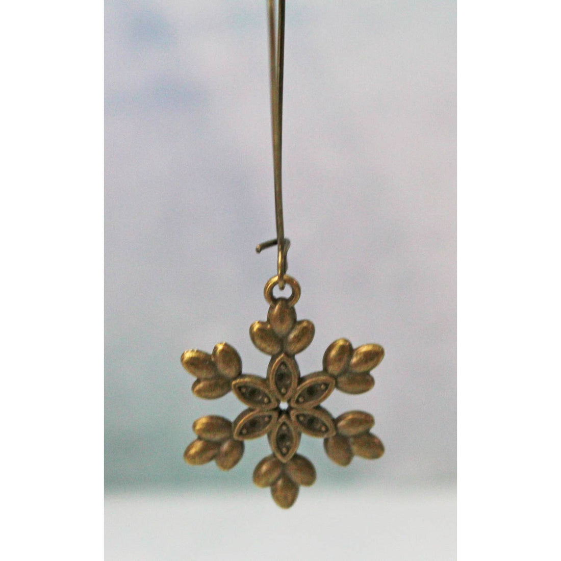 Antiqued Brass Tone Snowflake Earrings on Long Wires