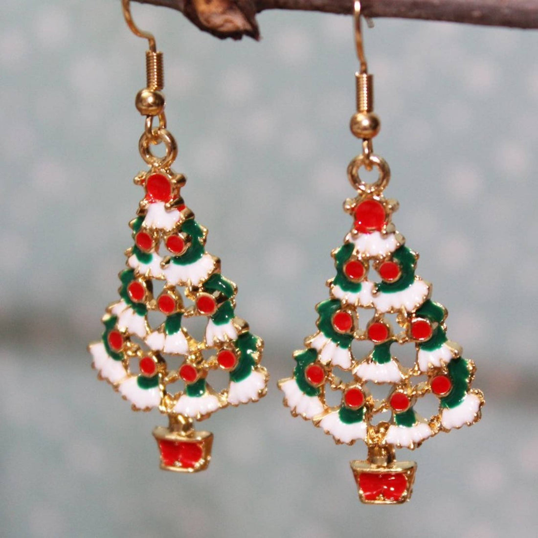 New Cute Enameled Christmas Tree Drop Earrings Gold   E16