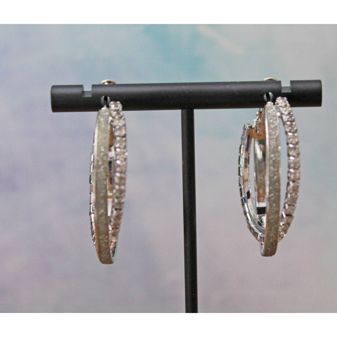 Silver Double Hoop Earrings Lined with Clear Rhinestones Pre Owned E108