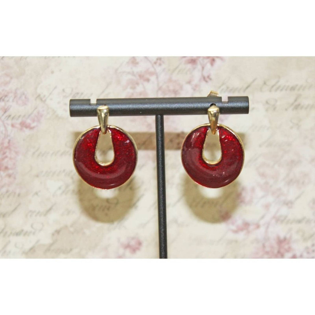 Vintage Red Baked Enamel Gold Tone Earrings  E107